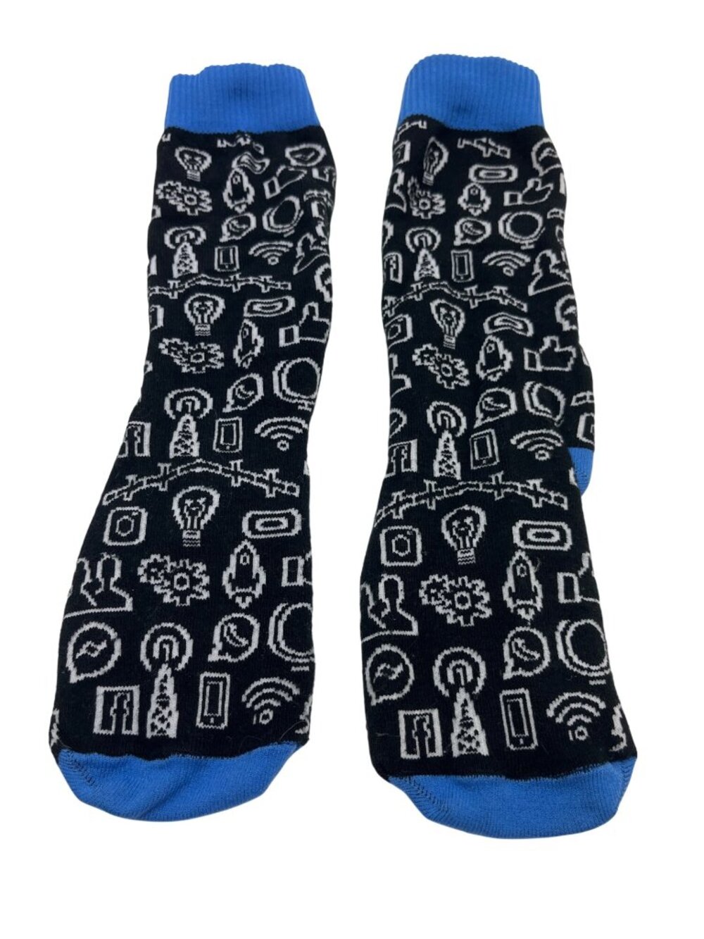 Tech-Themed Black & Blue Crew Socks W/White Iconic Patterns Unisex Soft/Stretchy